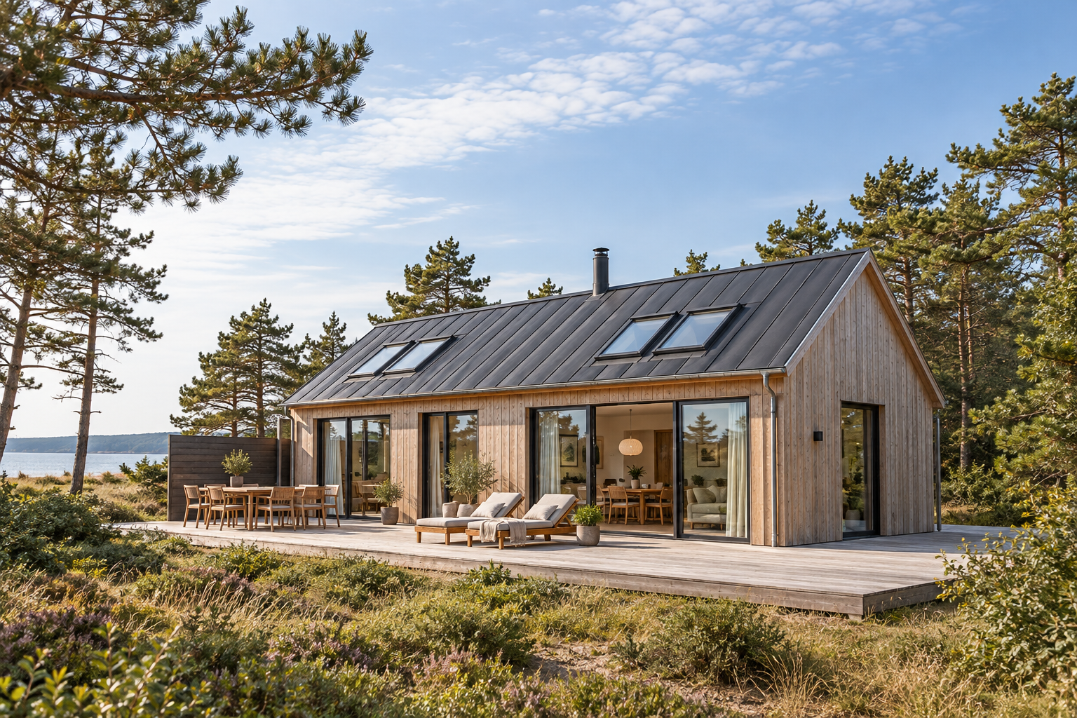Sommerhus med træbeklædning, mørkt tag og store vinduer mod terrassen.